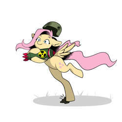 Size: 2200x2200 | Tagged: safe, artist:chickenbrony, artist:cloud_up, fluttershy (mlp), equine, fictional species, mammal, pegasus, pony, friendship is magic, hasbro, my little pony, 2022, bad timing, bipedal, confused, female, floppy ears, headwear, helmet, high res, mare, nuclear weapon, radioactive, simple background, solo, solo female, spread wings, this will end in explosions, this will end in fallout: equestria, this will end in radiation poisoning, this will not end well, too dumb to live, tripping, weapon, white background, wings