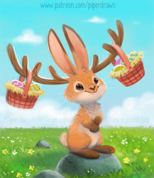 Size: 600x692 | Tagged: safe, alternate version, artist:cryptid-creations, fictional species, jackalope, lagomorph, mammal, semi-anthro, 2021, 2d, ambiguous gender, basket, container, easter, easter egg, front view, grass, rock, smiling, solo, solo ambiguous, three-quarter view