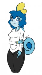 Size: 719x1280 | Tagged: safe, artist:justtaylor88, fictional species, sobble, anthro, nintendo, pokémon, 2019, bottomwear, breasts, clothes, digital art, ears, eyelashes, female, hair, looking at you, pants, pose, scales, shirt, simple background, solo, solo female, starter pokémon, tail, thighs, topwear, white background, wide hips