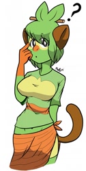 Size: 645x1280 | Tagged: safe, artist:justtaylor88, fictional species, grookey, anthro, nintendo, pokémon, 2019, belly button, breasts, clothes, digital art, ears, eyelashes, female, fur, hair, looking at you, open mouth, pose, sarong, shirt, simple background, solo, solo female, starter pokémon, tail, thighs, topwear, white background, wide hips