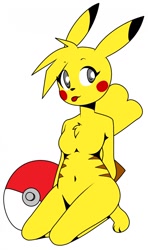 Size: 758x1280 | Tagged: safe, artist:justtaylor88, fictional species, mammal, pikachu, anthro, digitigrade anthro, nintendo, pokémon, 2018, belly button, blep, breasts, digital art, ears, eyelashes, featureless breasts, featureless crotch, female, fur, hair, kneeling, looking at you, poké ball, pose, simple background, solo, solo female, tail, thighs, tongue, tongue out, white background, wide hips