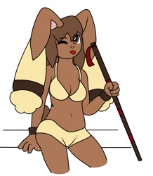 Size: 1115x1280 | Tagged: safe, artist:justtaylor88, fictional species, lopunny, mammal, anthro, nintendo, pokémon, belly button, blep, bottomwear, breasts, clothes, commission, digital art, ears, eyelashes, female, fur, hair, looking at you, one eye closed, pose, shorts, simple background, solo, solo female, sports bra, sports shorts, tail, thighs, tongue, tongue out, topwear, white background, wide hips