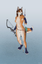 Size: 1080x1620 | Tagged: suggestive, artist:titus weiss, canine, fox, mammal, anthro, digitigrade anthro, 2022, arrow, bow (weapon), breasts, clothes, featureless breasts, female, heterochromia, loincloth, quiver, solo, solo female, spear, weapon