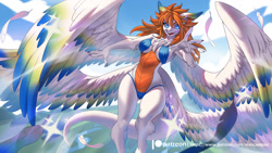 Size: 2000x1125 | Tagged: safe, artist:alanscampos, dragon, fictional species, furred dragon, anthro, digitigrade anthro, mana (series), trials of mana, 16:9, 2020, anthrofied, belly button, bikini, breasts, cleavage fluff, clothes, cloud, detailed background, digital art, dragon wings, dragoness, ears, eyelashes, feathered wings, feathers, female, flammie (mana), fluff, flying, four wings, fur, hair, looking at you, neck fluff, open mouth, orange hair, sharp teeth, sky, solo, solo female, spread wings, swimsuit, tail, teeth, thighs, tongue, wallpaper, wide hips, wings