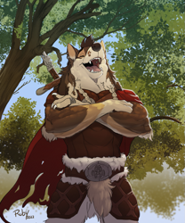 Size: 833x1000 | Tagged: safe, artist:crimes, oc, oc only, canine, mammal, wolf, anthro, 2022, cape, claws, clothes, crossed arms, eyes closed, fangs, leather, low angle, male, open mouth, outdoors, plant, ring, sharp teeth, signature, solo, solo male, standing, sword, teeth, tree, weapon