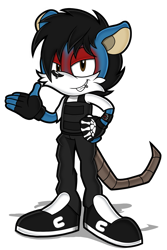 Size: 1333x2000 | Tagged: source needed, safe, artist:toyminator900, mammal, rat, rodent, anthro, frank iero, my chemical romance, sega, sonic the hedgehog (series), anthrofied, armband, black hair, blue body, blue fur, bottomwear, cheek fluff, clothes, commission, eyeshadow, fingerless gloves, fluff, fur, furrified, gloves, hair, hand on hip, lidded eyes, lip piercing, makeup, male, murine, nose piercing, pants, piercing, shirt, shoes, simple background, solo, solo male, sonicified, topwear, transparent background, undershirt, vest