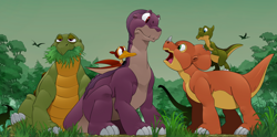 Size: 1280x636 | Tagged: safe, alternate version, artist:bleedman, cera (the land before time), ducky (the land before time), littlefoot (the land before time), petrie (the land before time), spike (the land before time), apatosaurus, ceratops, dinosaur, duck-billed dinosaur, parasaurolophus, pteranodon, pterosaur, reptile, saurolophus, sauropod, stegosaurus, triceratops, feral, sullivan bluth studios, the land before time, 2022, colored, female, group, male