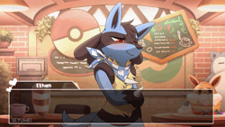 Size: 800x450 | Tagged: safe, artist:seyumei, fictional species, lucario, mammal, semi-anthro, nintendo, pokémon, 2020, 2d, 2d animation, animated, blushing, cute, dialogue, gif, male, solo, solo male, tail, tail wag, talking, talking to viewer