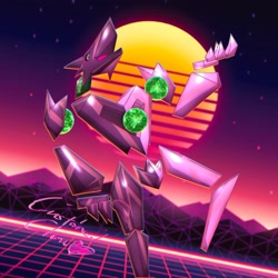 Size: 2000x2000 | Tagged: safe, 2022, artwork, background, black, body, commission, digital art, full body, green, grids, head, light, mountain, retrowave, shading, shiny, space, spheres, sun, tongue, white, yellow
