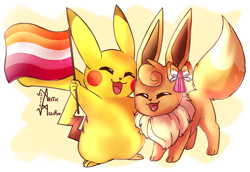 Size: 1920x1320 | Tagged: safe, alternate version, artist:arcticmizikio, canine, eevee, eeveelution, fennec fox, fictional species, fox, mammal, mouse, pikachu, rodent, feral, nintendo, pokémon, 2019, all fours, bow, curled hair, cute, duo, eyes closed, female, female/female, hair, holding, holding object, lesbian pride flag, open mouth, pride, pride flag, simple background