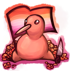 Size: 400x400 | Tagged: safe, artist:somanymice, bird, kiwi, 1:1, 2021, brown body, brown fur, cute, flower, foot hold, fur, knife, lesbian pride flag, looking at you, low res, plant, pride flag, simple background, sitting, solo, transparent background