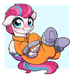 Size: 3000x3000 | Tagged: safe, artist:moozua, zipp storm (mlp), equine, fictional species, mammal, pegasus, pony, feral, hasbro, my little pony, my little pony g5, spoiler:my little pony g5, 2022, blushing, bondage, bound wings, chains, clothes, commission, cuffed, cuffs, female, grin, high res, hooves, mare, nervous, prison outfit, prisoner, smiling, solo, solo female, sweat, sweatdrop, underhoof, wings
