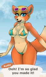 Size: 1024x1716 | Tagged: suggestive, artist:stargazer, audie (animal crossing), canine, mammal, wolf, anthro, animal crossing, animal crossing: new horizons, nintendo, 2020, beach, bikini, black nose, blushing, breasts, chest fluff, clothes, cloud, dialogue, digital art, ears, eyelashes, female, fluff, fur, glasses, glasses on head, hair, looking at you, micro bikini, ocean, open mouth, pubic fluff, sand, sharp teeth, sky, solo, solo female, sunglasses, sunglasses on head, swimsuit, tail, talking, teeth, text, thighs, tongue, water, wide hips