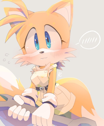 Size: 800x966 | Tagged: safe, artist:aogirinaru, miles "tails" prower (sonic), canine, fox, mammal, red fox, sega, sonic the hedgehog (series), 2021, :3, belt, black nose, blue eyes, blushing, clothes, eyelashes, female, fluff, fur, gloves, head fluff, looking at you, mila "tails" prower, orange body, orange fur, rule 63, simple background, smiling, tailsko, wrench