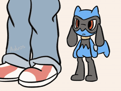 Size: 560x420 | Tagged: safe, artist:advosart, fictional species, human, mammal, riolu, feral, nintendo, pokémon, 2021, 2d, 2d animation, ambiguous gender, ambiguous only, animated, cute, duo, duo ambiguous, gif, hug, low res, pixiv