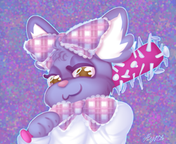 Size: 963x788 | Tagged: safe, artist:queerstalline-void, manaka (aggretsuko), chinchilla, mammal, rodent, anthro, aggretsuko, sanrio, 2022, anime, ears, fur, looking at you, purple body, purple fur, ribbon, signature, weapon