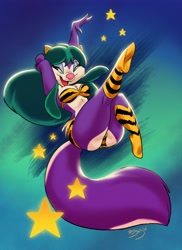 Size: 3200x4400 | Tagged: safe, artist:rayjay, fifi la fume (tiny toon adventures), lum invader (urusei yatsura), mammal, skunk, anthro, tiny toon adventures, urusei yatsura, warner brothers, arms behind head, bedroom eyes, big breasts, big butt, bra, breasts, butt, clothes, cosplay, crossover, female, horns, makeup, one eye closed, open mouth, open smile, panties, shoes, smiling, solo, solo female, stars, thick thighs, thighs, underwear, wide hips, winking