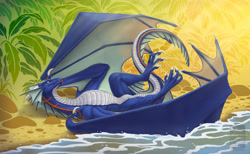 Size: 3120x1920 | Tagged: safe, artist:keltaan, dragon, fictional species, western dragon, feral, 2022, ambiguous gender, beach, horns, lying down, on back, partially submerged, scales, tail, water, wings
