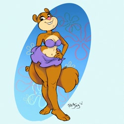 Size: 1280x1280 | Tagged: safe, artist:rayjay, sandy cheeks (spongebob), mammal, rodent, squirrel, anthro, nickelodeon, spongebob squarepants (series), barefoot, belly button, bra, breasts, buckteeth, clothes, feet, female, hand on hip, looking at you, looking down, mini skirt, smiling, smiling at you, solo, solo female, teeth, thick thighs, thighs, toes, underwear, wide hips