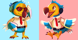 Size: 1573x819 | Tagged: safe, artist:cherivinca, artist:xishka, orville (animal crossing), wilbur (animal crossing), bird, dodo, semi-anthro, animal crossing, animal crossing: new horizons, nintendo, 2d, beak, brother, brothers, duo, duo male, glasses, looking at you, male, males only, open beak, open mouth, open smile, siblings, smiling, smiling at you, sunglasses