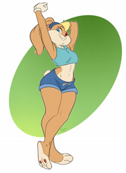 Size: 1200x1650 | Tagged: safe, artist:rayjay, lola bunny (looney tunes), lagomorph, mammal, rabbit, anthro, looney tunes, warner brothers, 2022, arm behind head, barefoot, belly button, big breasts, big butt, breasts, buckteeth, butt, clothes, crop top, feet, female, looking at you, looking down, looking down at you, midriff, one eye closed, raised arm, smiling, smiling at you, soles, solo, solo female, stretching, teeth, thick thighs, thighs, toes, topwear, wide hips, winking