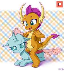 Size: 901x1000 | Tagged: safe, artist:uotapo, ocellus (mlp), smolder (mlp), arthropod, changedling, changeling, dragon, equine, fictional species, western dragon, feral, semi-anthro, friendship is magic, hasbro, my little pony, 2020, cute, dragoness, duo, duo female, female, females only, unamused