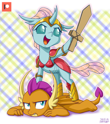 Size: 888x1000 | Tagged: safe, artist:uotapo, ocellus (mlp), smolder (mlp), arthropod, changedling, changeling, dragon, equine, fictional species, western dragon, feral, friendship is magic, hasbro, my little pony, 2020, cute, dragoness, duo, duo female, female, females only, sword, weapon