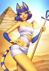 Size: 1924x2764 | Tagged: safe, artist:v3nusbby, ankha (animal crossing), cat, feline, mammal, anthro, animal crossing, nintendo, 2022, breasts, egypt, female, looking at you, pyramid, solo, solo female