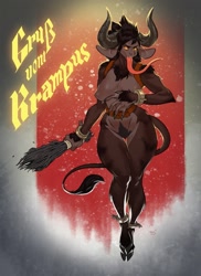 Size: 931x1280 | Tagged: suggestive, artist:rayjay, krampus, bovid, demon, fictional species, goat, mammal, anthro, belt, big breasts, big horns, breasts, caprine demon, christmas, claws, clothes, cloven hooves, curved horns, female, holiday, hooves, horns, krampa, long tongue, nudity, pubic hair, snow, solo, solo female, thick thighs, thighs, tongue, tongue out, wide hips