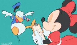 Size: 2048x1192 | Tagged: safe, artist:takatmaorange, donald duck (disney), minnie mouse (disney), bird, duck, mammal, mouse, rodent, waterfowl, anthro, disney, mickey and friends, 2021, 2d, clipboard, drawing, duo, female, male, murine, pencil, simple background, sneezing, teal background