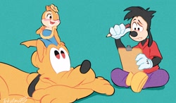 Size: 2048x1192 | Tagged: safe, artist:takatmaorange, clarice (disney), max goof (disney), pluto (disney), canine, chipmunk, dog, mammal, rodent, anthro, feral, disney, goof troop, mickey and friends, 2021, 2d, clipboard, female, group, male, pencil, simple background, teal background, trio