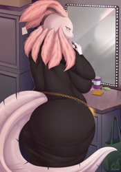 Size: 895x1280 | Tagged: safe, artist:zaskiaharnny, amphibian, axolotl, anthro, 2022, breasts, butt, clothes, dress, female, huge breasts, huge butt, makeup, mirror, solo, solo female, tail, thick thighs, thighs, wide hips