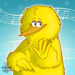 Size: 900x900 | Tagged: safe, artist:confusedewe, big bird (sesame street), bird, canary, songbird, semi-anthro, pbs, sesame street, 2019, feathers, front view, looking at you, male, musical note, solo, solo male, three-quarter view, yellow feathers