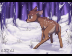 Size: 2777x2160 | Tagged: safe, artist:azzai, bambi (bambi), cervid, deer, mammal, feral, bambi (film), disney, 2012, 2d, fawn, letterboxing, male, plant, sad, snow, solo, solo male, tree, ungulate, winter, young