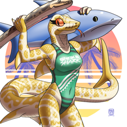 Size: 1400x1400 | Tagged: safe, artist:megawolf77, fish, hybrid, reptile, shark, snake, anthro, 2021, beach, belly button, claws, clothes, colored sclera, female, forked tongue, one-piece swimsuit, palm tree, plant, pool toy, red sclera, shark week, slit pupils, smiling, solo, solo female, swimsuit, tail, tongue, tongue out, tree