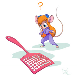 Size: 1270x1280 | Tagged: safe, artist:dreamkeepers, gadget hackwrench (chip 'n dale: rescue rangers), mammal, mouse, rodent, anthro, chip 'n dale: rescue rangers, disney, 2022, 2d, female, fly swatter, goggles, goggles on head, question mark, simple background, solo, solo female, white background