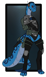 Size: 1814x3000 | Tagged: source needed, useless source url, safe, artist:bastiel, reptile, snake, anthro, armor, camouflage, female, headphones, headset, headwear, knife, solo, solo female