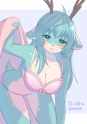 Size: 874x1240 | Tagged: suggestive, artist:satoss, cervid, deer, mammal, reindeer, anthro, 2022, antlers, bending over, blanket, blue body, blue eyes, blue fur, blue hair, blushing, bra, breasts, cleavage, clothes, female, fur, hair, lidded eyes, looking at you, multicolored fur, panties, smiling, solo, solo female, spotted fur, underwear, white body, white fur