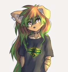 Size: 1584x1678 | Tagged: safe, artist:tinygaypirate, oc, oc:apogee (tinygaypirate), canine, mammal, wolf, anthro, 2022, body markings, brown eyes, brown hair, clothes, ear piercing, female, green hair, hair, hands in pockets, looking at you, piercing, shirt, simple background, solo, solo female, topwear, white background