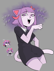 Size: 816x1080 | Tagged: safe, artist:festifuss, cat, feline, mammal, anthro, 2022, blushing, claws, clothes, devil tail, dress, fangs, female, flower, flower in hair, gray background, hair, hair accessory, laughing, mascot, masyunya (vkontakte), noblewoman's laugh, open mouth, open smile, paw pads, paws, plant, purple eyes, purple hair, raised paw, russian text, sharp teeth, simple background, sinister, smiling, smug, solo, solo female, tail, teeth, text, vk, vkontakte, wings