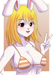 Size: 800x1132 | Tagged: safe, artist:bryaxrt, carrot (one piece), lagomorph, mammal, rabbit, anthro, one piece, 2021, big breasts, bikini, blushing, breasts, buckteeth, clothes, digital art, ears, eyelashes, female, fur, gesture, hair, looking at you, micro bikini, minkmen (one piece), open mouth, peace sign, pink nose, pose, simple background, solo, solo female, swimsuit, teeth, tongue