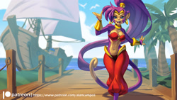 Size: 2000x1125 | Tagged: safe, artist:alanscampos, shantae (shantae), fictional species, genie, mammal, monkey, primate, anthro, shantae (series), 16:9, 2020, belly button, bikini, bikini top, bottomwear, breasts, clothes, detailed background, digital art, ears, eyelashes, female, fur, furrified, hair, looking at you, open mouth, pants, shipping, solo, solo female, swimsuit, tail, thighs, tongue, walking, wallpaper, wide hips