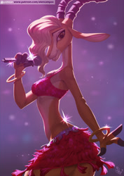 Size: 1414x2000 | Tagged: safe, artist:alanscampos, gazelle (zootopia), antelope, bovid, gazelle, mammal, anthro, disney, zootopia, 2017, belly button, bottomwear, breasts, clothes, detailed background, digital art, ears, eyelashes, female, fur, hair, holding, looking at you, microphone, shakira, side view, sideboob, skirt, solo, solo female, tail, tank top, thighs, topwear, wide hips