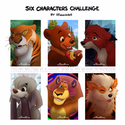 Size: 1600x1600 | Tagged: safe, artist:r-fakonwolf, alex (madagascar), koda (brother bear), pooka (anastasia), shere khan (the jungle book), tod (the fox and the hound), arcanine, bear, big cat, canine, dog, feline, fictional species, fox, grizzly bear, lion, mammal, red fox, tiger, feral, six fanarts, anastasia, brother bear, disney, dreamworks animation, madagascar, nintendo, pokémon, sullivan bluth studios, the fox and the hound, the jungle book, 2020, 2d, ambiguous gender, crossover, cub, group, male, young