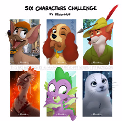 Size: 1600x1600 | Tagged: safe, artist:r-fakonwolf, lady (lady and the tramp), lord shen (kung fu panda), robin hood (robin hood), saoirse (song of the sea), spike (mlp), tito (oliver & company), bird, canine, chihuahua, cocker spaniel, dog, dragon, fictional species, fox, galliform, mammal, peafowl, red fox, seal, spaniel, western dragon, anthro, feral, semi-anthro, six fanarts, cartoon saloon, disney, dreamworks animation, friendship is magic, hasbro, kung fu panda, lady and the tramp, my little pony, oliver & company, robin hood (disney), song of the sea, 2021, 2d, crossover, female, group, male