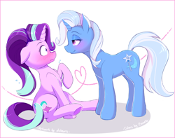 Size: 964x760 | Tagged: safe, artist:dstears, artist:esmeia, starlight glimmer (mlp), trixie (mlp), equine, fictional species, mammal, pony, unicorn, feral, friendship is magic, hasbro, my little pony, 2020, blushing, duo, duo female, female, female/female, females only, shipping, simple background, startrix (mlp), white background