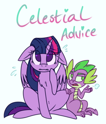 Size: 660x768 | Tagged: safe, artist:esmeia, spike (mlp), twilight sparkle (mlp), alicorn, dragon, equine, fictional species, mammal, pony, western dragon, feral, semi-anthro, friendship is magic, hasbro, my little pony, 2017, duo, female, mare, simple background, white background