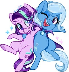 Size: 648x676 | Tagged: safe, artist:esmeia, starlight glimmer (mlp), trixie (mlp), equine, fictional species, mammal, pony, unicorn, feral, friendship is magic, hasbro, my little pony, 2020, duo, duo female, female, female/female, females only, mare, shipping, simple background, startrix (mlp), transparent background