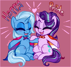 Size: 622x588 | Tagged: safe, artist:esmeia, starlight glimmer (mlp), trixie (mlp), equine, fictional species, mammal, pony, unicorn, feral, friendship is magic, hasbro, my little pony, 2021, duo, duo female, eyes closed, female, female/female, females only, mare, open mouth, open smile, shipping, smiling, startrix (mlp)