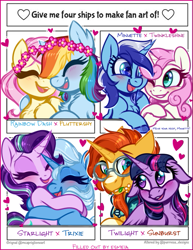 Size: 525x680 | Tagged: safe, artist:esmeia, fluttershy (mlp), minuette (mlp), rainbow dash (mlp), starlight glimmer (mlp), sunburst (mlp), trixie (mlp), twilight sparkle (mlp), twinkleshine (mlp), alicorn, equine, fictional species, mammal, pegasus, pony, unicorn, feral, friendship is magic, hasbro, my little pony, 2020, blushing, chest fluff, cute, eyes closed, feathered wings, feathers, female, female/female, flower, flower in hair, fluff, flutterdash (mlp), group, hair, hair accessory, heart, holding hooves, hooves, horn, hug, looking at each other, male, male/female, mane, mare, nuzzling, one eye closed, open mouth, open smile, plant, shipping, smiling, stallion, starry eyes, startrix (mlp), template, text, twiburst (mlp), wingding eyes, wings